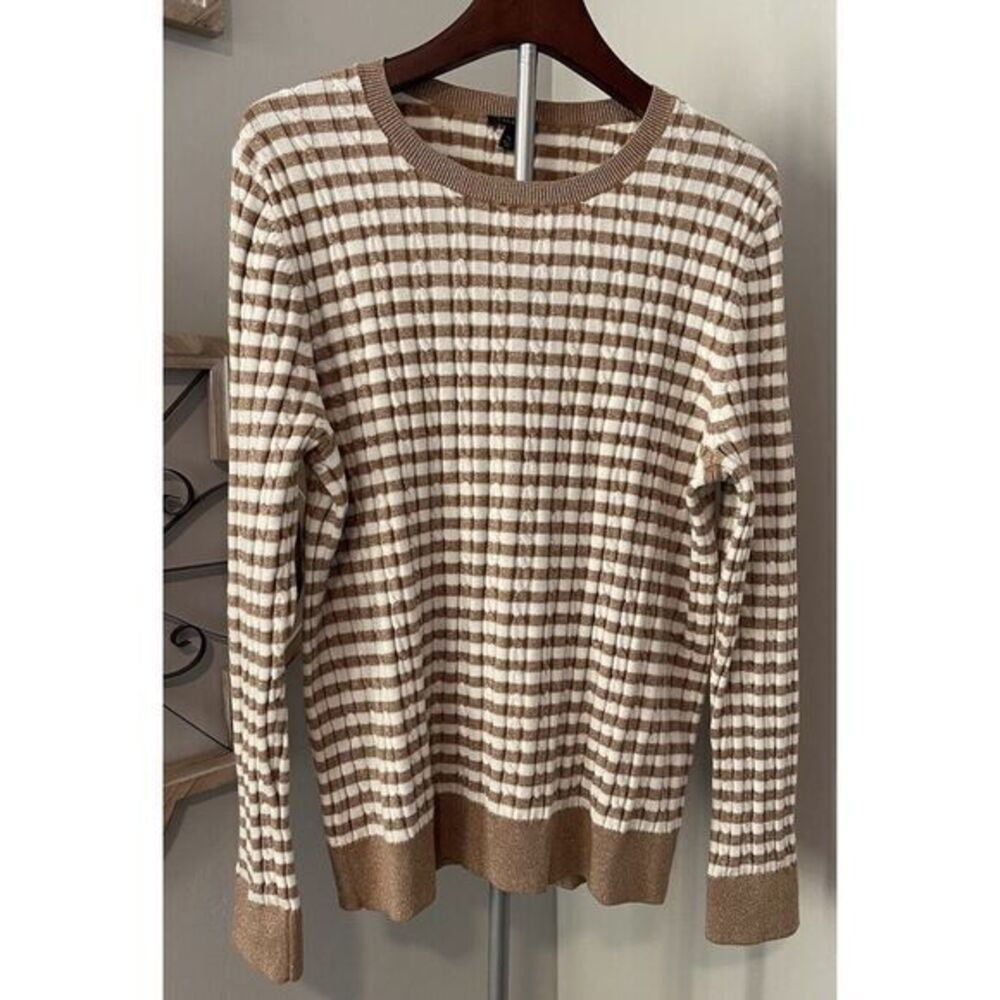 Talbots Sweater Plus‎ Size XL Cream Gold Striped Metallic Cable Knit Long Sleeve